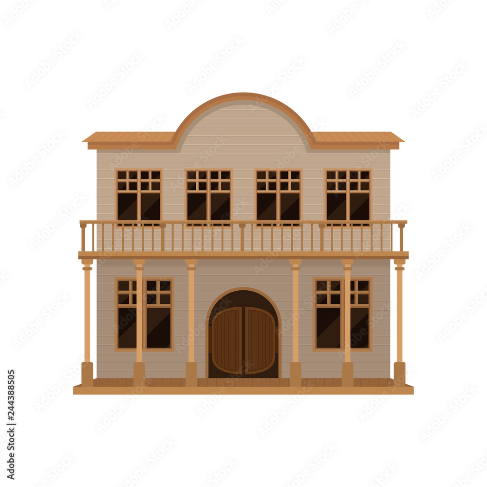 Old wild west saloon with wood swinging doors and porch. Two-storey wooden  western house with balcony. Flat vector icon Stock Vector