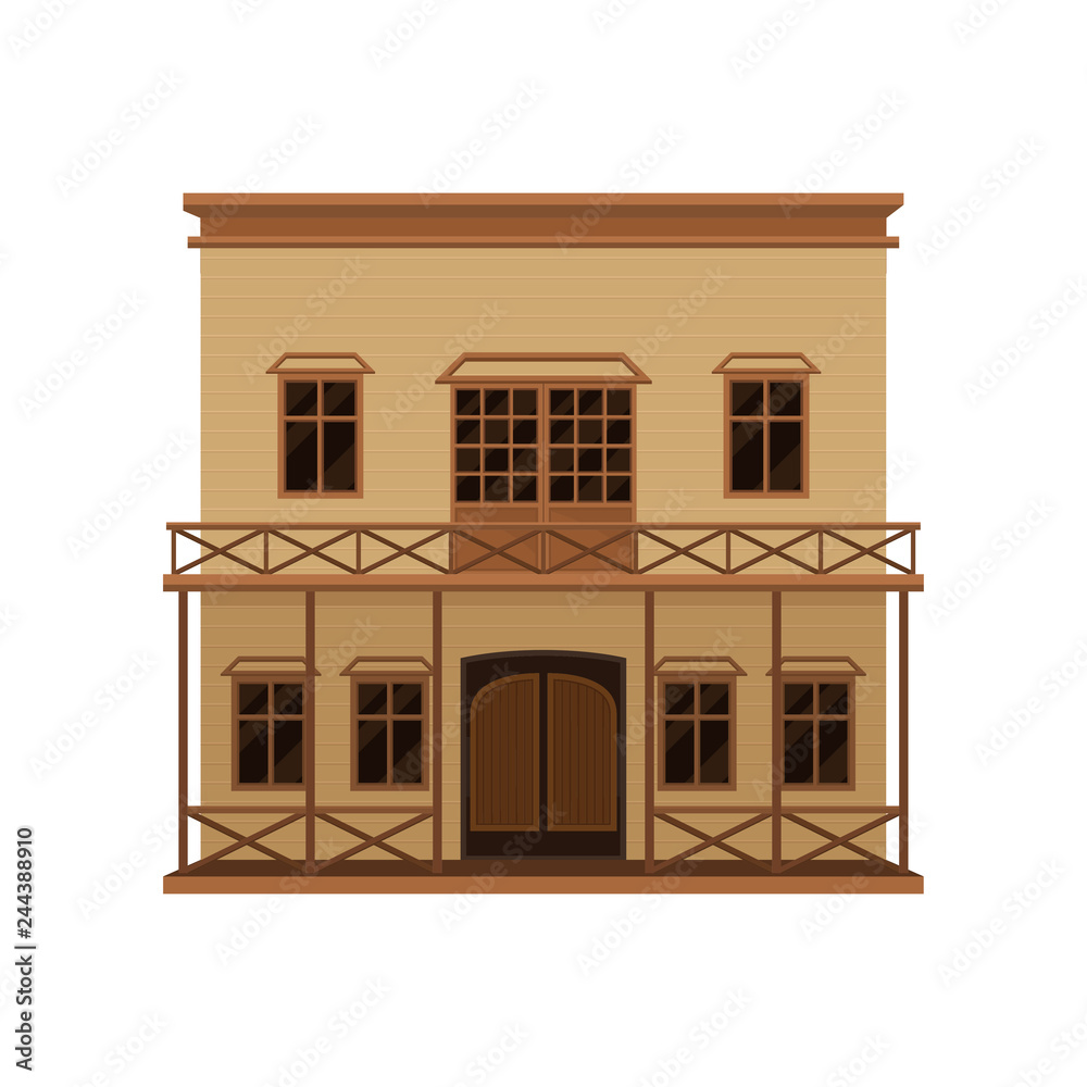 Big western house with wood swinging doors and porch. Two-storey wooden building with balcony. Flat vector icon