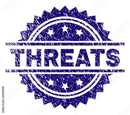 THREATS stamp seal watermark with distress style. Blue vector rubber print of THREATS title with unclean texture.