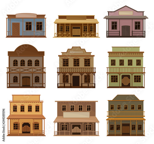 Flat vector set of wooden western houses. Old saloons with swinging doors and blank signboards. Historical buildings