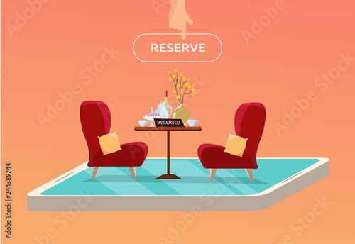 Online reserved table in cafe. Concept Reserved in restaurant. Table on one leg with 2 soft comfortable red armchairs with dishes, kettle and cups, with sign Reserved. Flat cartoon vector illustration