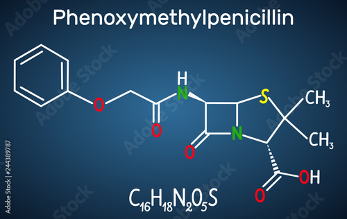 Phenoxymethylpenicillin (penicillin V) antibiotic drug molecule. Structural chemical formula on the dark blue background