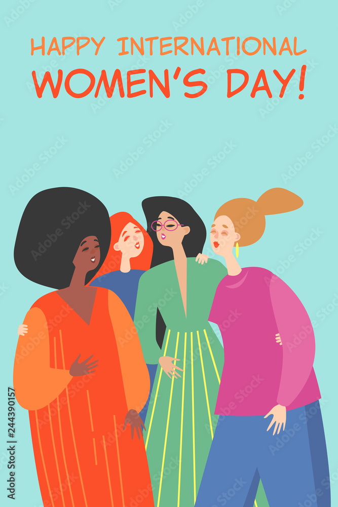 Vector illustration of happy young women of different nationalities.  Cute characters for greeting cards and banners for International Women's Day