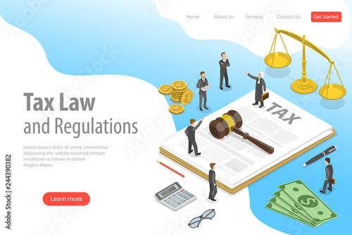 Isometric flat vector landing page template of tax law and regulations, financial advisor, justice.