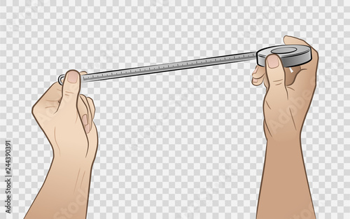 Measurement of Something. Flexible metric ruler holding by male hands on checkered background.