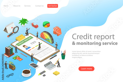 Flat isometric vector landing page template of personal credit score information, financial rating.