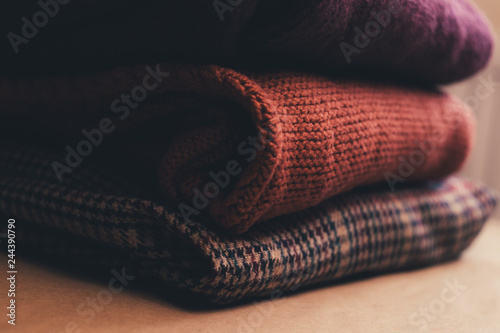 Colorful winter clothes. Red and brown colors.