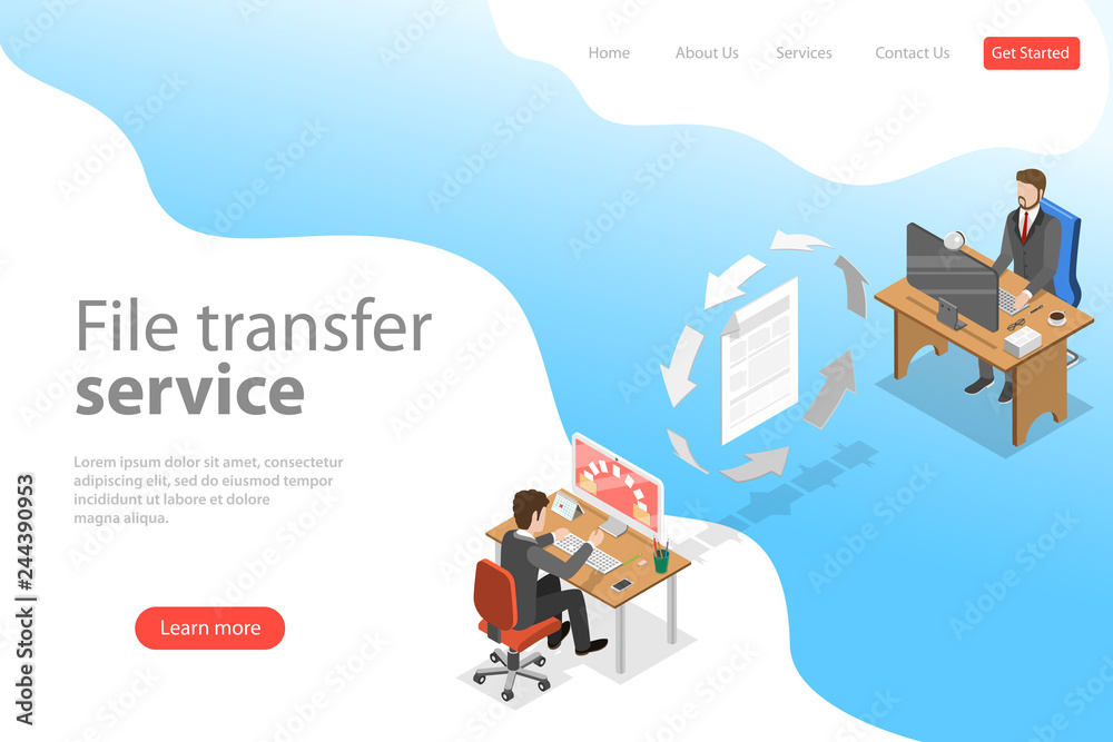 Isometric flat vector landing page template of file transfer service, social network, information exchange, data backup.