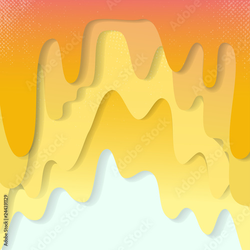 Gradient paper layers 3D papercut on yellow vector background.Square abstract wavy paper cut texture leaks for topography website template or smooth cartoon origami paper shape concept. honey dripping