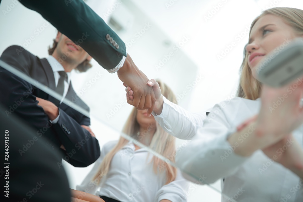 Obraz premium bottom view .handshake business women with a business partner