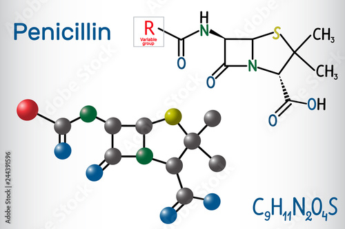 General formula of penicillin (PCN) molecule. It is a group of antibiotics. Structural chemical formula and molecule model