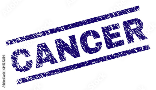 CANCER seal imprint with grunge style. Blue vector rubber print of CANCER label with retro texture. Text label is placed between parallel lines.