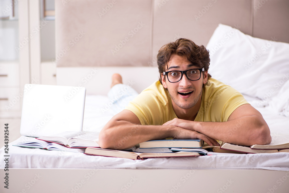 Young student studying in bed for exams Young student studying in bed for exams