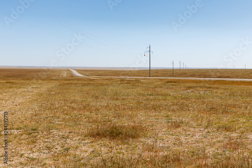 High-voltage power line in the Mongolian steppe  beautiful landscape  Mongolia