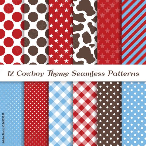 Red, Baby Blue, White and Brown Cowboy Theme Vector Patterns with Cow Skin Print and Stars, Stripes, Gingham and Polka Dots. Kids Birthday Party Backdrop. Seamless Pattern Tile Swatches Included.