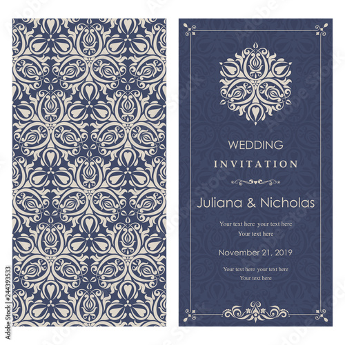 Wedding invitation cards Eastern style blue and beige. Arabic  Pattern. Mandala ornament. Frame with flowers elements. Vector illustration.