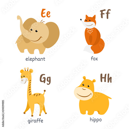 Animal alphabet with elephant fox giraffe hippo characters