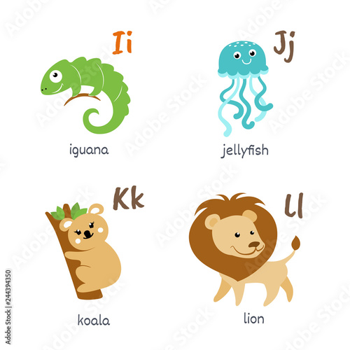 Animal alphabet with iguana jellyfish koala lion characters