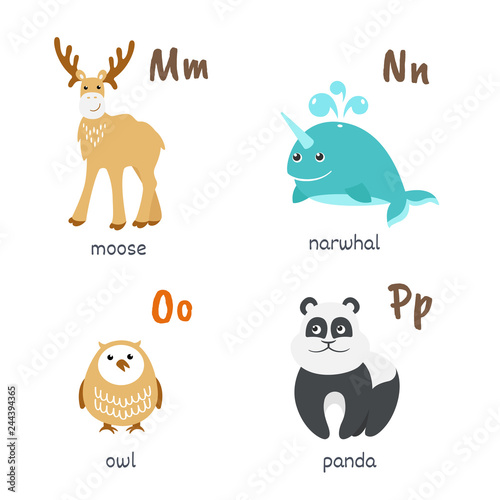 Animal alphabet with moose narwhal owl panda characters