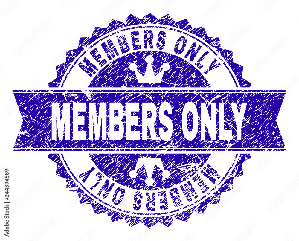 MEMBERS ONLY rosette stamp watermark with grunge style. Designed with round rosette, ribbon and small crowns. Blue vector rubber watermark of MEMBERS ONLY label with corroded style. MEMBERS ONLY rosette stamp watermark with grunge style. Designed with round rosette, ribbon and small crowns. Blue vector rubber watermark of MEMBERS ONLY label with corroded style.