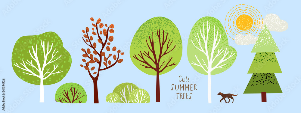 Obraz słodkie letnie drzewa, wektor izolowane ilustracja drzew, liści, jodeł, krzewów, słońca, śniegu i chmur, elementy natury, aby stworzyć krajobraz