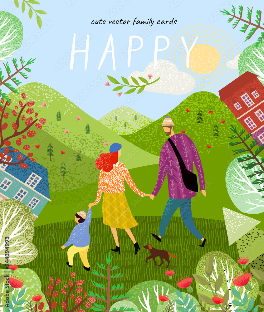 happy family. Cute vector poster, card or cover with an illustration of a father, mother and newborn baby on a background of green nature, mountains and forest landscape with flowers - obrazy, fototapety, plakaty 