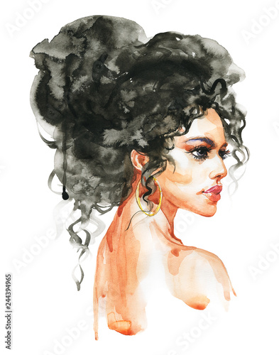 Watercolor beauty indian young woman. Hand drawn portrait of girl. Painting fashion illustration on white background