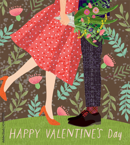 Happy Valentine's day! cute card or poster with a vector illustration of a dancing couple on a date with a bouquet of flowers, congratulations on the holiday