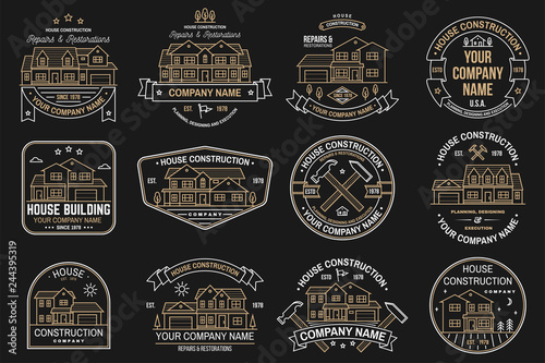 House construction company identity with suburban american house. Vector illustration. Thin line badge, sign for real estate, building and construction company related business.