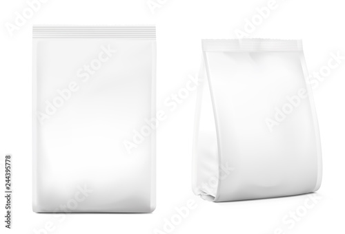 Food snack bags isolated on white background. Front and side view. Vector illustration. Can be use for template your design, presentation, promo, ad. EPS10.