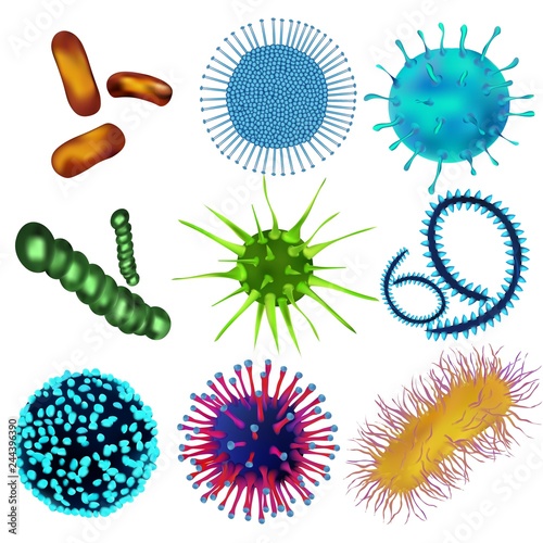Set of viruses and bacteria isolated against a blom background. Viruses and bacteria under a microscope. An uninitiated cellular infectious agent that can multiply only in other cells