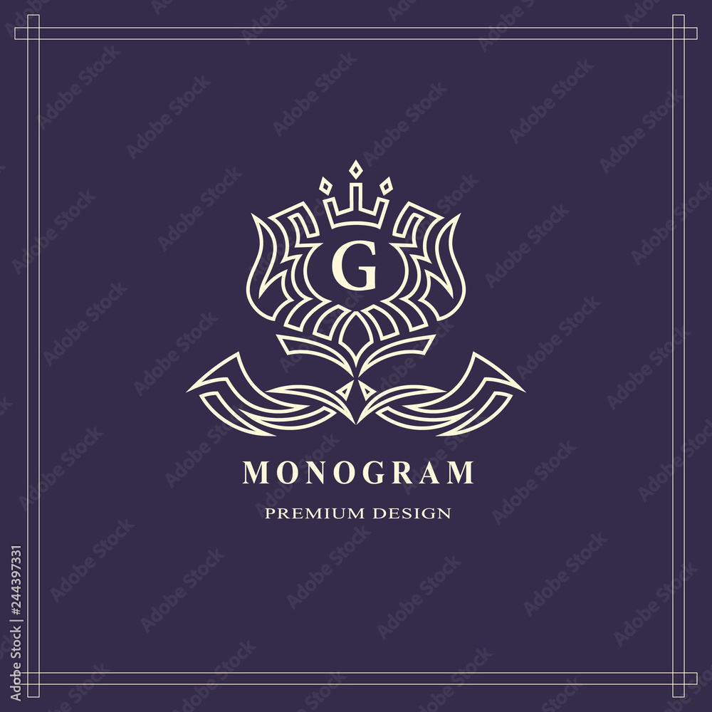 Monogram design elements, graceful template. Calligraphic elegant line art logo design. Capital Letter emblem sign G for Royalty, business card, Boutique, Hotel, Heraldic, Jewelry. Vector illustration