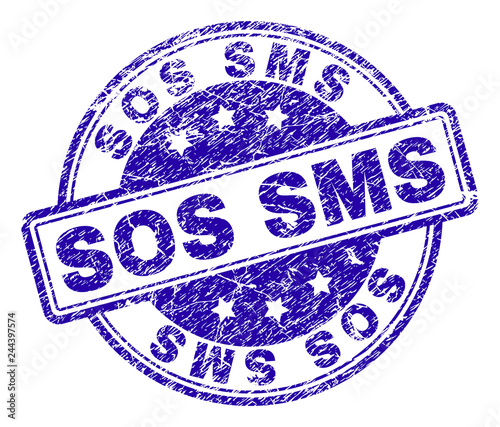 SOS SMS stamp seal watermark with distress texture. Designed with rounded rectangles and circles. Blue vector rubber print of SOS SMS caption with dirty texture.