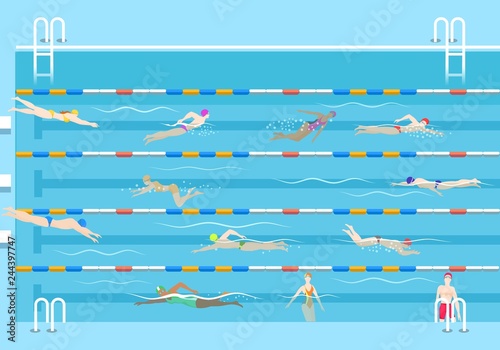 People in pool. Swim men and women in public swimming pool vector illustration, swimmers on lanes