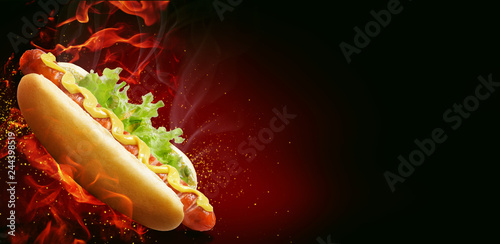 Valokuvatapetti fresh american hot dog with mustard