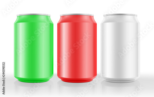 Realistic aluminum cans mockups. Front view. Vector illustration. Easy to use for presentation your product, idea, design. EPS10.