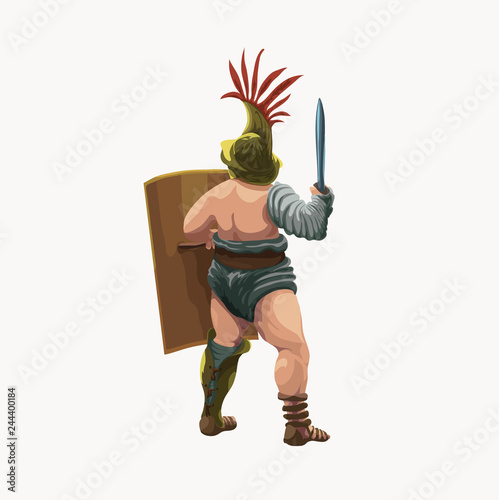 Gladiator murmillo, view from back,vector illustration. The fighter is armed with Gladius sword and scutum shield.