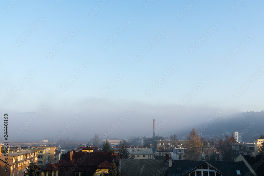 Misty morning in the town. Slovakia