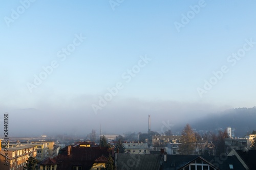 Misty morning in the town. Slovakia