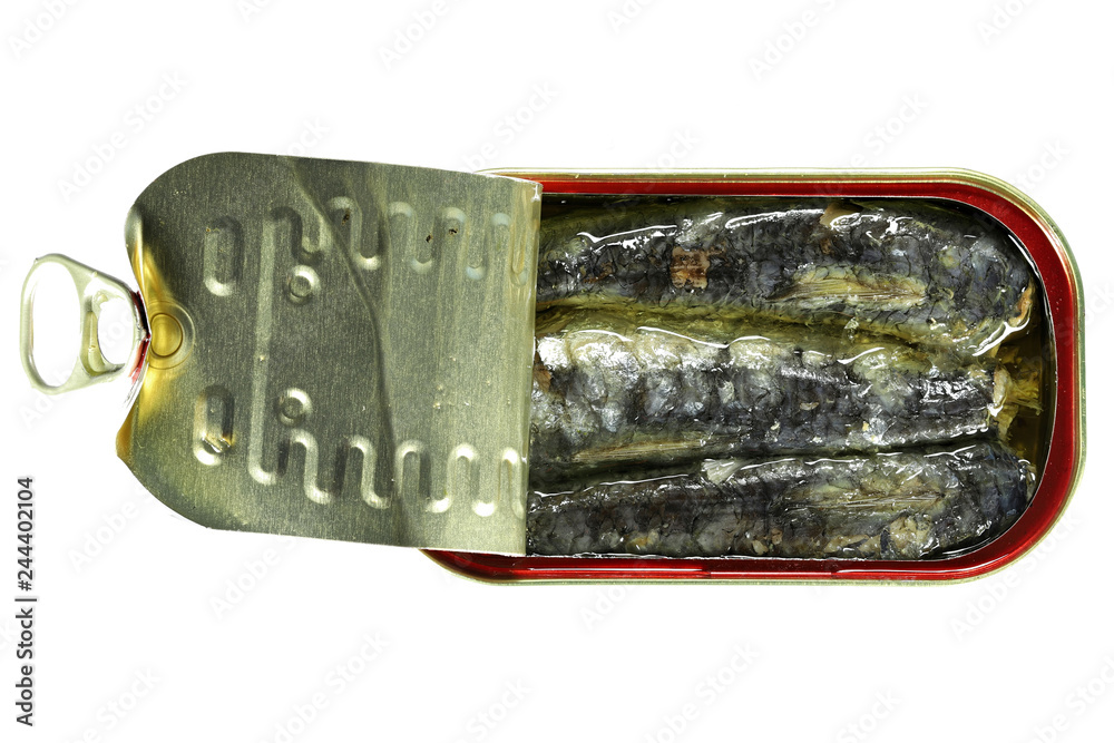 open can of sardines in vegetable oil isolated on white background