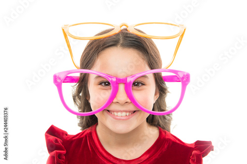 Portrait of happy little child. Birthday party. Little girl in party glasses. small girl greeting summer. Childhood and happiness. Childrens day. Kid fashion and style. young fashion expert