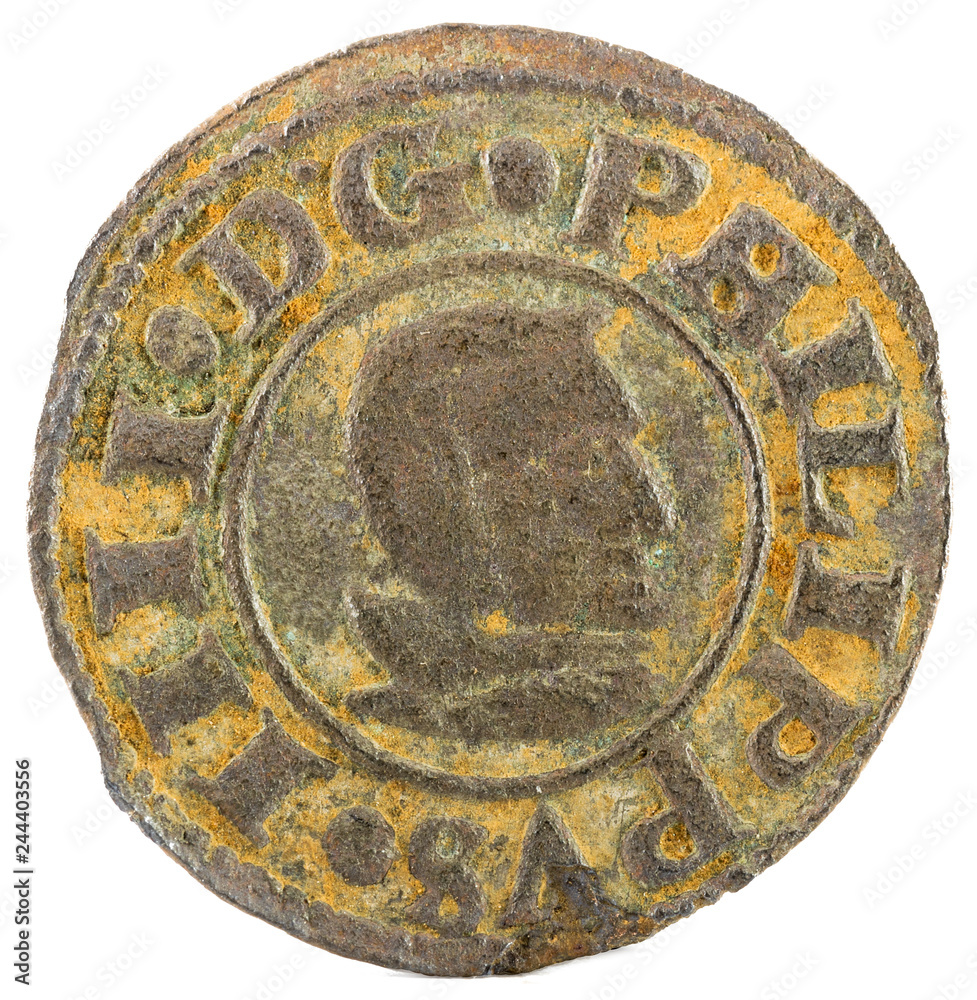 Ancient Spanish copper coin of King Felipe IV. 1661. Coined in Segovia. 8 Maravedis. Obverse.