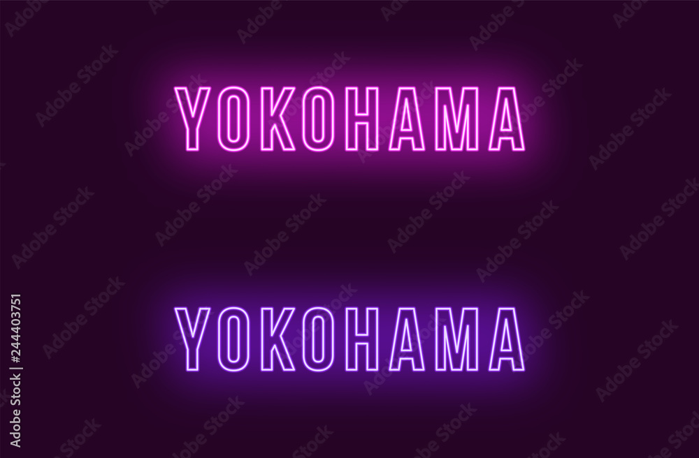 Neon name of Yokohama city in Japan. Vector text