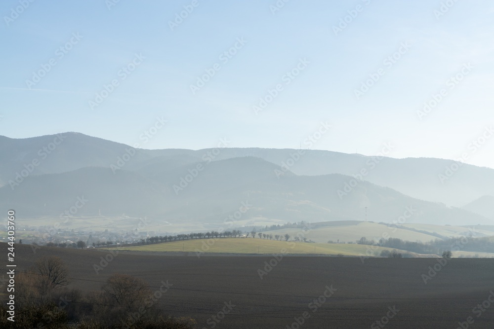 Misty morning on meadow with trees and views. Slovakia