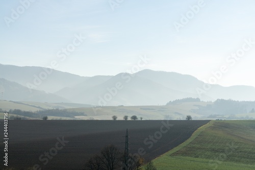 Misty morning on meadow with trees and views. Slovakia