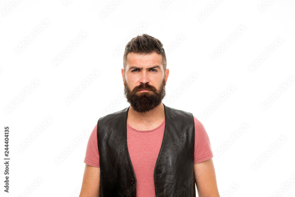 Obraz premium brutal caucasian hipster with moustache. Mature hipster with beard. Male barber care. Serious man hipster. Bearded man. Hair beard care. Facial care. Young and brutal. Man maintaining fashion blog