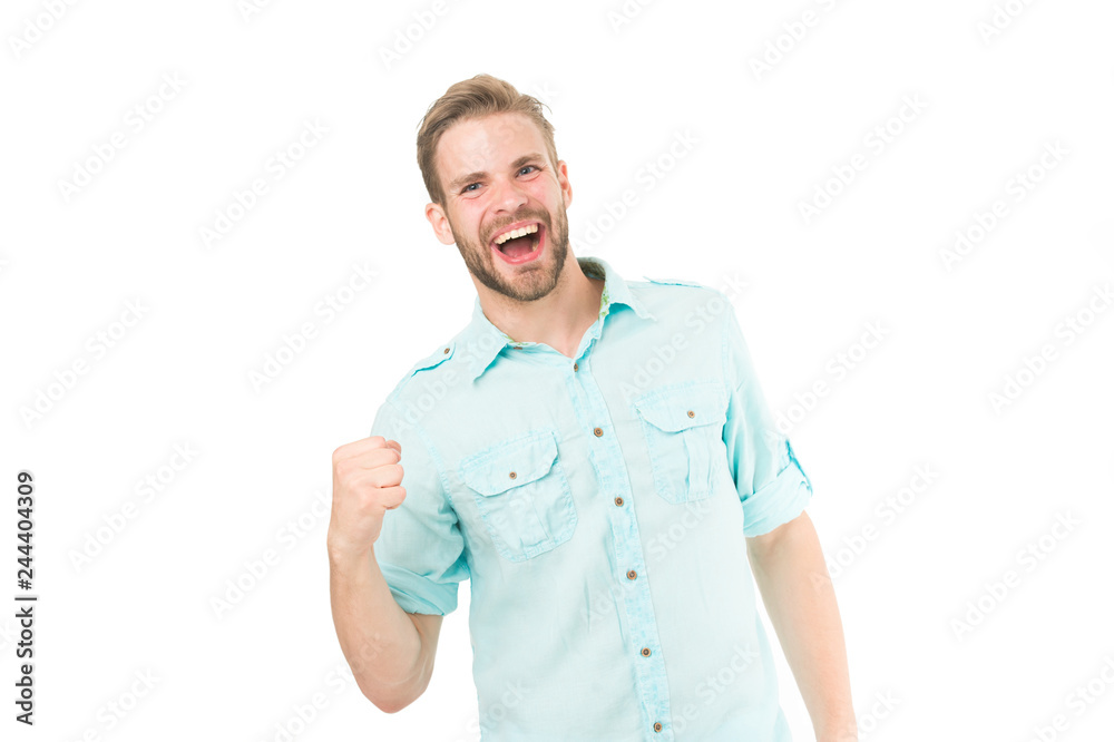Guy happy find solution. Achieve success. Man with beard happy about solution. Celebrate good result. Solution for all problems. Find solution. Man with bristle smiling face white background Guy happy find solution. Achieve success. Man with beard happy about solution. Celebrate good result. Solution for all problems. Find solution. Man with bristle smiling face white background
