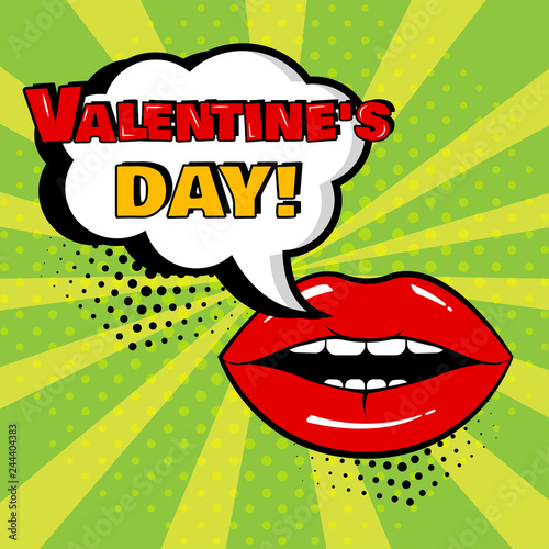 White comic bubble with Valentine's Day word and red lips on green background. Greeting card in pop art style. Vector illustration