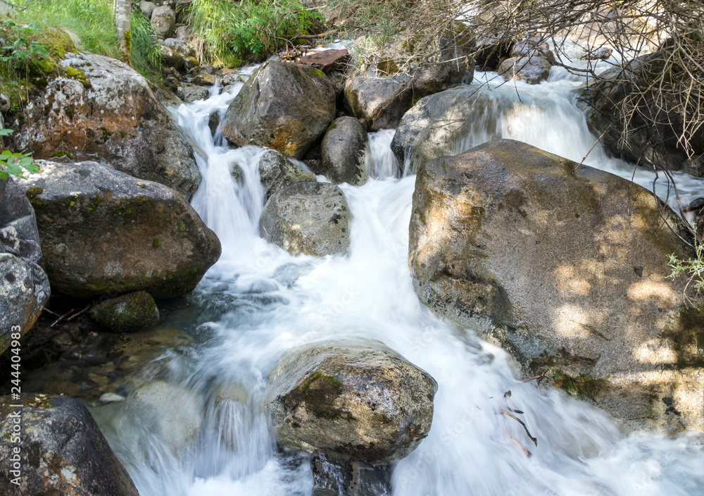 River in the Pyrenees in the Benasque valley in Spain on a sunny day.