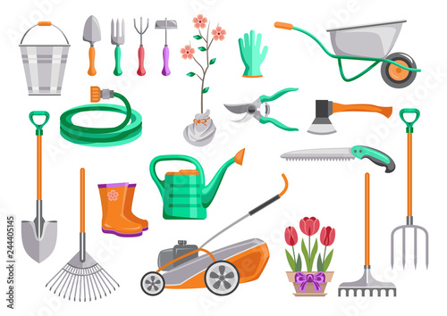 Gardening tools set. Bucket, wheelbarrow, shovel, pitchfork, rake, lawnmower, watering hose, pruner, ax, saw, watering can, plant in pot, sprout. Vector isolated flat illustration, icons.